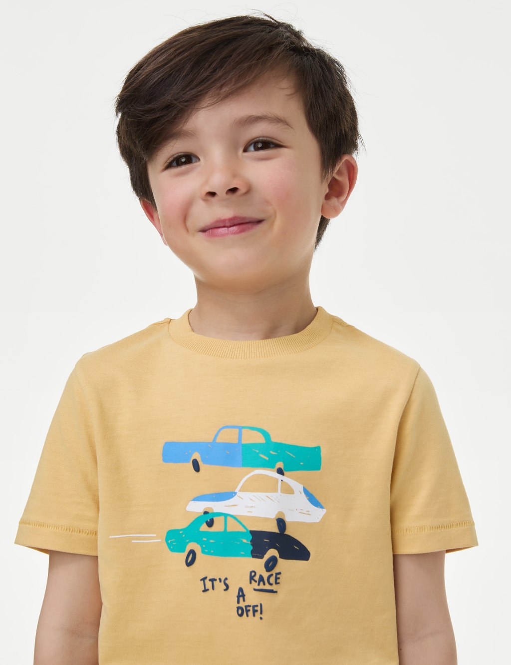 M&S Pure Cotton Cars T-Shirt (2-8 Yrs) Yellow Mix