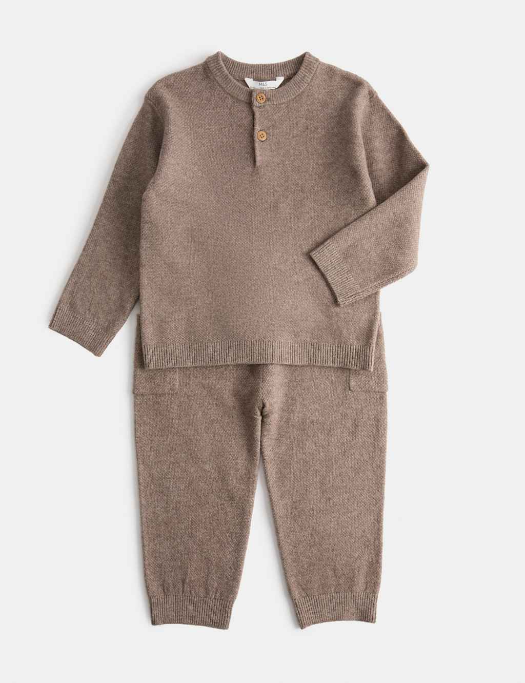 M&S Boys 2 Piece Cotton Rich Waffle Knitted Outfit (2-8 Yrs) - 3-4 Years - Brown Mix