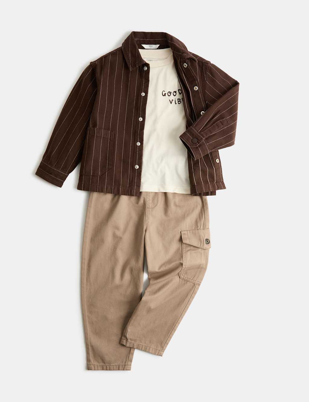 M&S Boys 3 Piece Pure Cotton Striped Shacket Outfit (2-8 Yrs) - 2-3 Years - Brown Mix