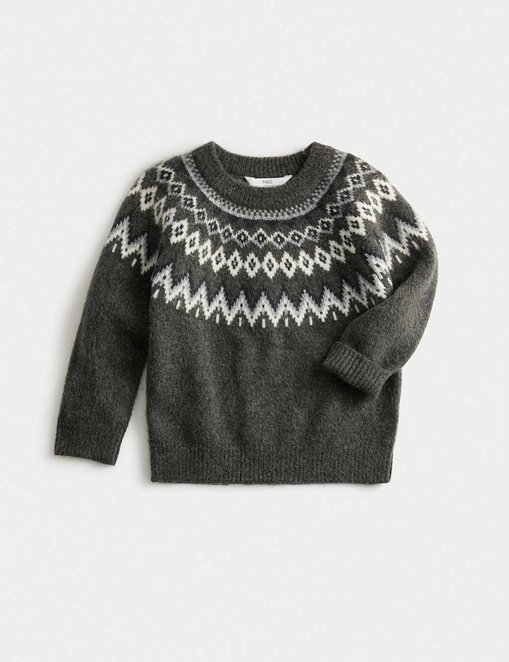 M&S Fair Isle Crew Neck Knitted Jumper (18 Mths-10 Yrs) Grey Mix