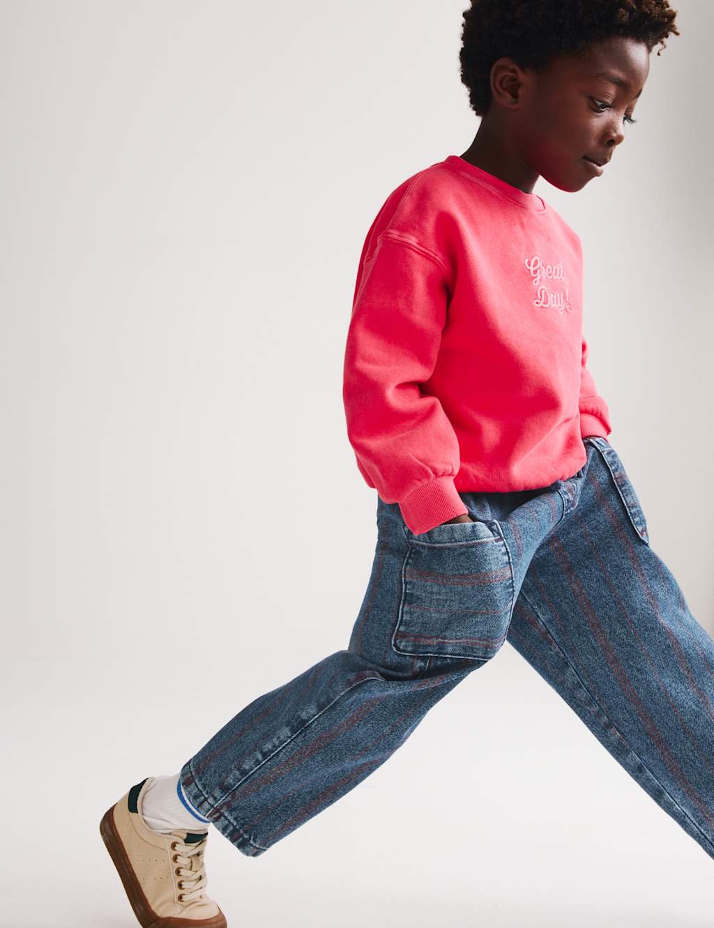 M&S Boys Relaxed Pure Cotton Denim Striped Jeans (2-8 Yrs) - 3-4 Years - Red Mix