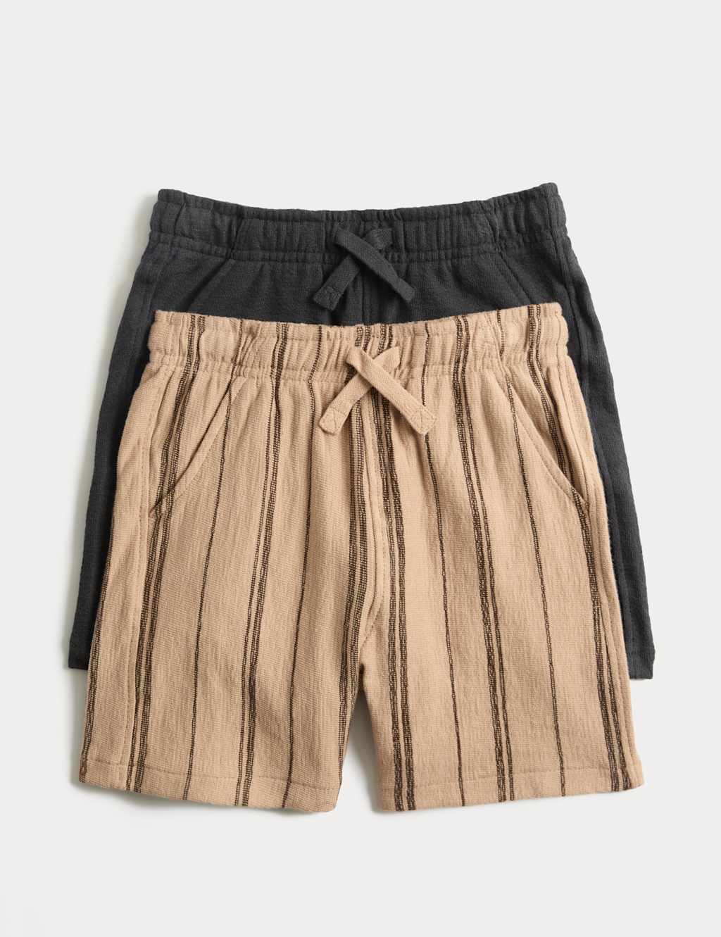 M&S Boys 2 Pack Pure Cotton Textured Shorts (2-8 Yrs) - 2-3 Years - Brown Mix