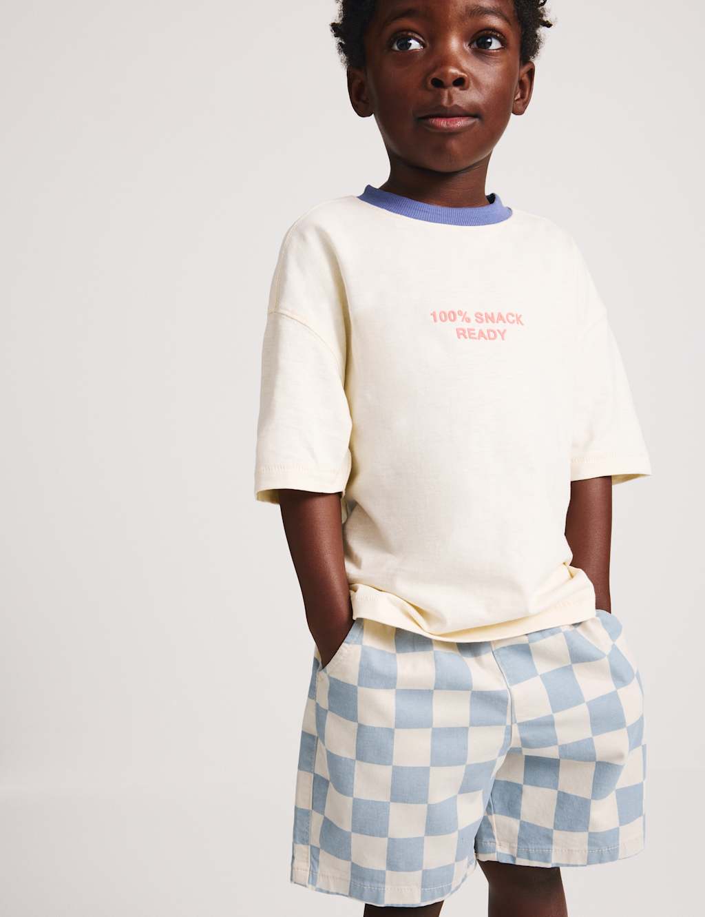 M&S Boys Cotton Rich Checkerboard Pull On Shorts (2-8yrs) - 4-5 Years - Grey Mix