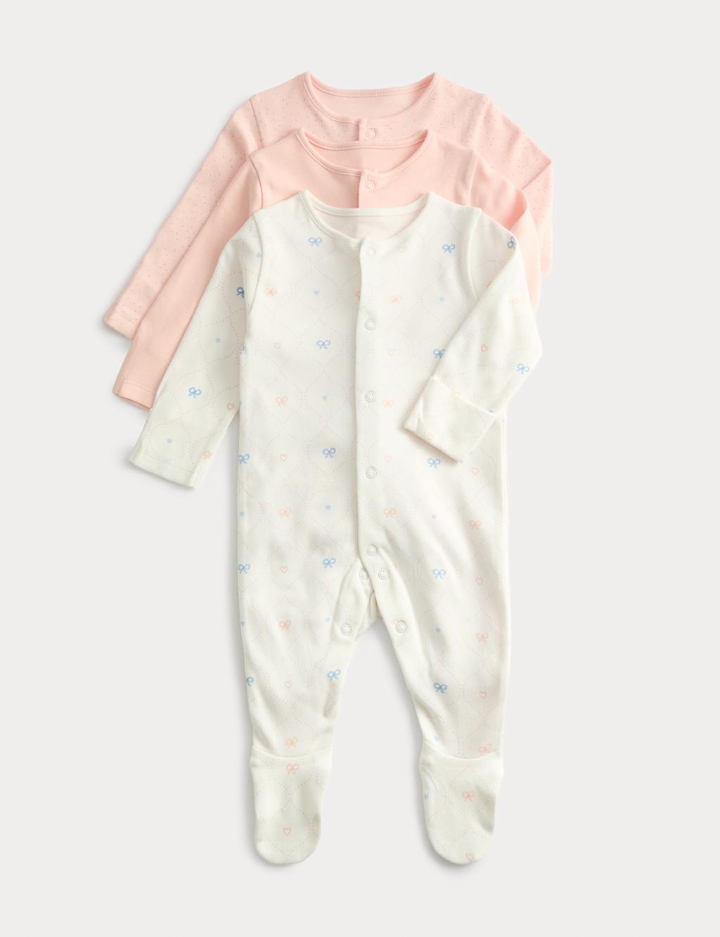 M&S 3pk Pure Cotton Printed Sleepsuits (0-3 Yrs) Apricot Mix
