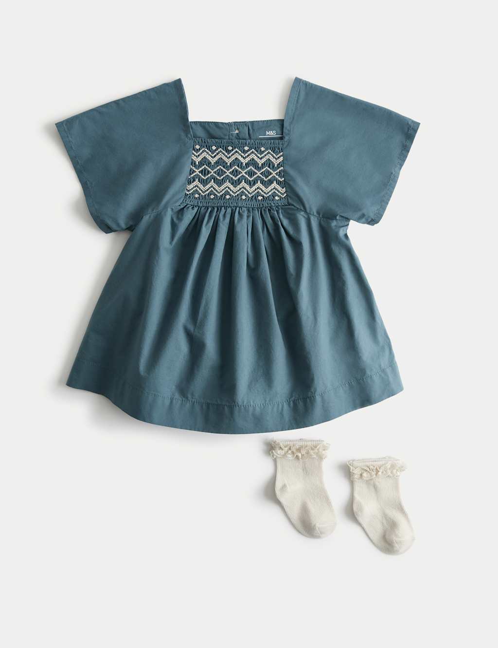 Image of M&S 2 Piece Cotton Rich Dress with Socks (0-24 Mths) Dark Petrol