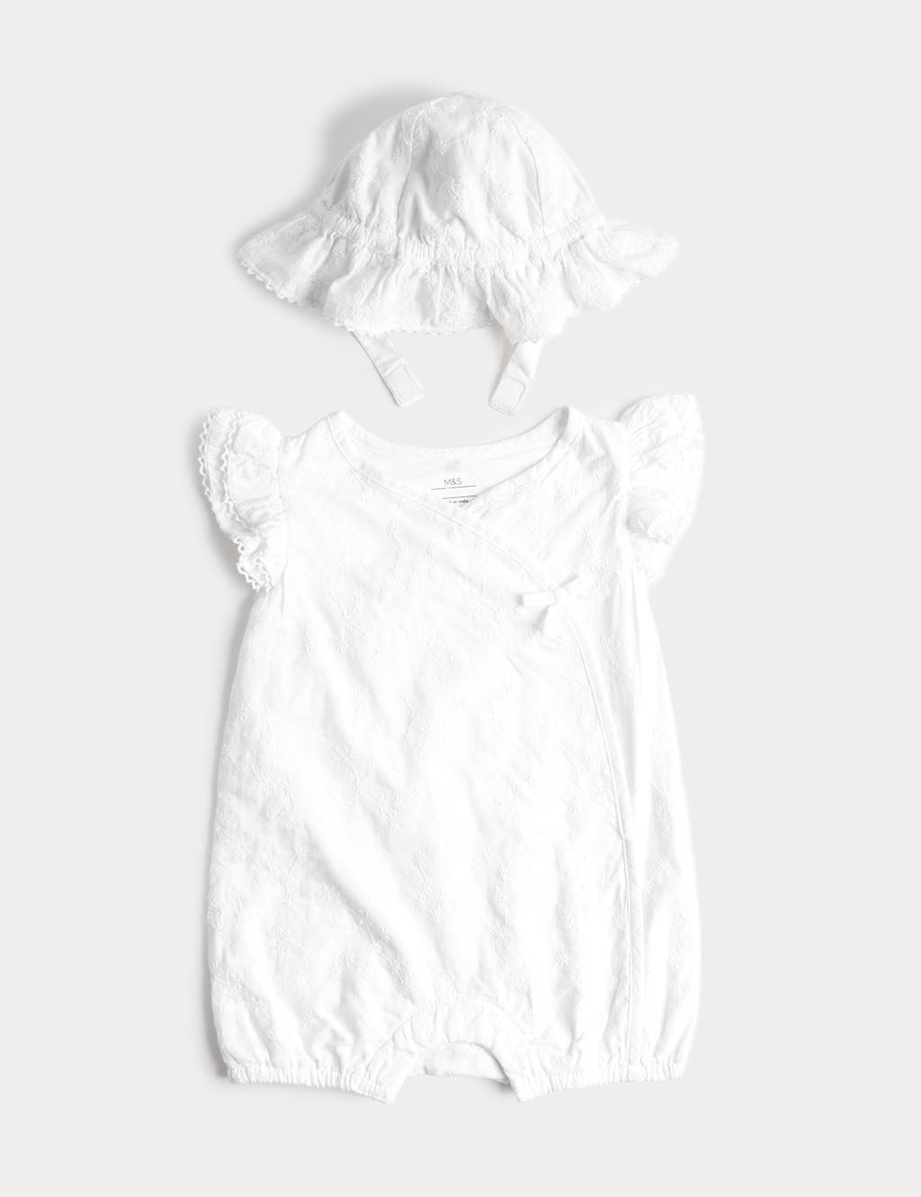 M&S Girls 2 Piece Pure Cotton Romper & Hat Outfit (0-18 Mths) - 12-18 Months - White