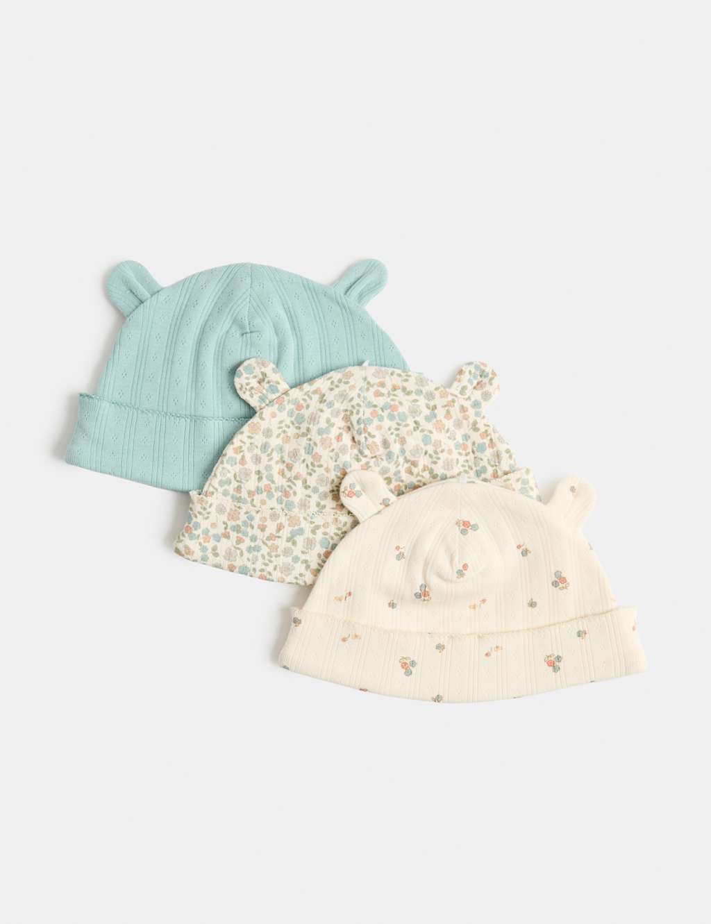 M&S Girls 3 Pack Pure Cotton Hats (0-12 Mths) - 6-12 Months - Light Mint