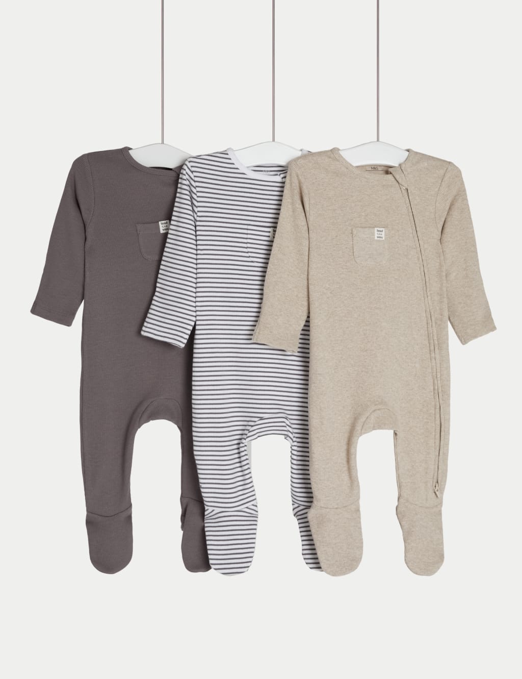 3pk Cotton Rich Striped & Plain Sleepsuits (0-3 Yrs)