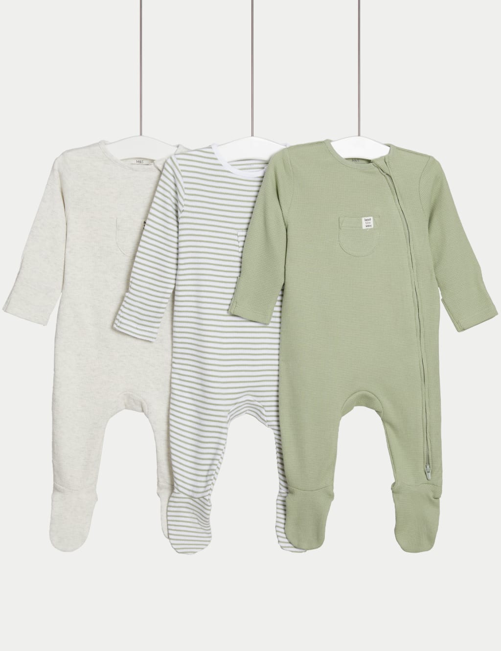 M&S 3pk Cotton Rich Striped & Plain Sleepsuits (0-3 Yrs) Green Mix