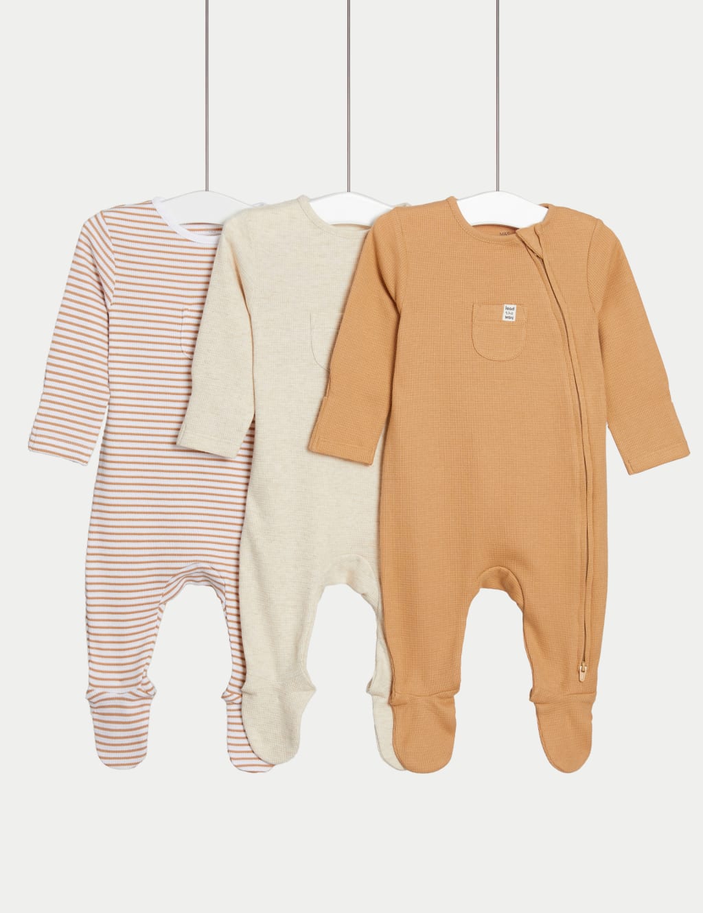 M&S 3pk Cotton Rich Striped & Plain Sleepsuits (0-3 Yrs) Camel Mix
