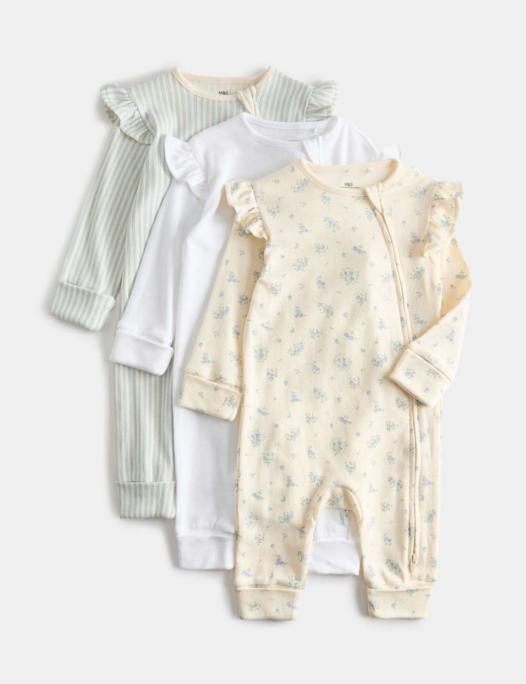 M&S Girls 3 Pack Cotton Rich Sleepsuits (6 ½lbs-3 Yrs) - Newborn - Blue