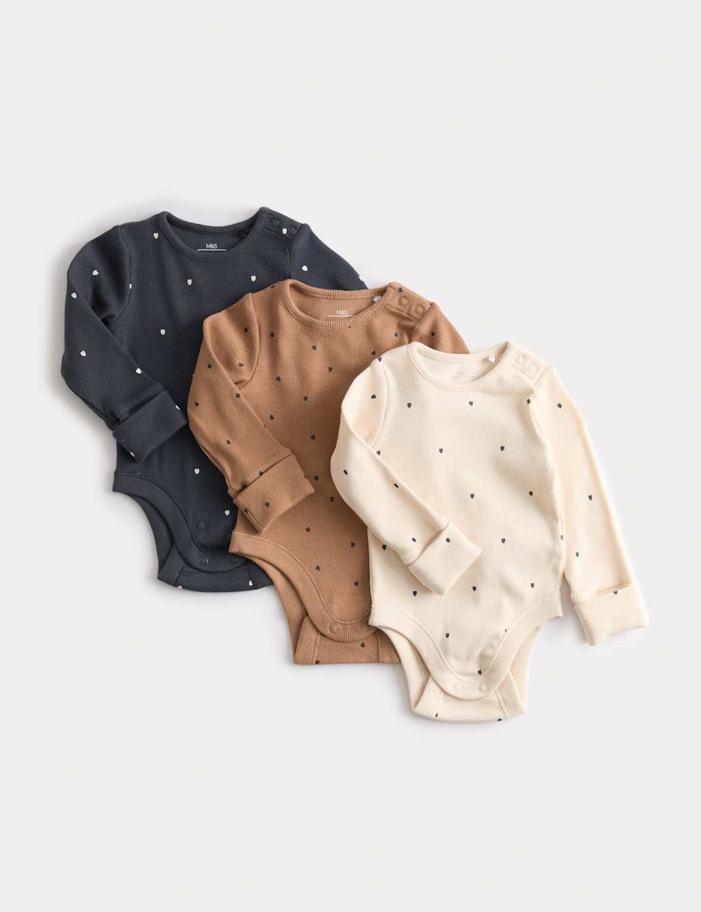 M&S 3pk Cotton Rich Heart Long Sleeved Bodysuits (0 Mths-3 Yrs) Butterscotch