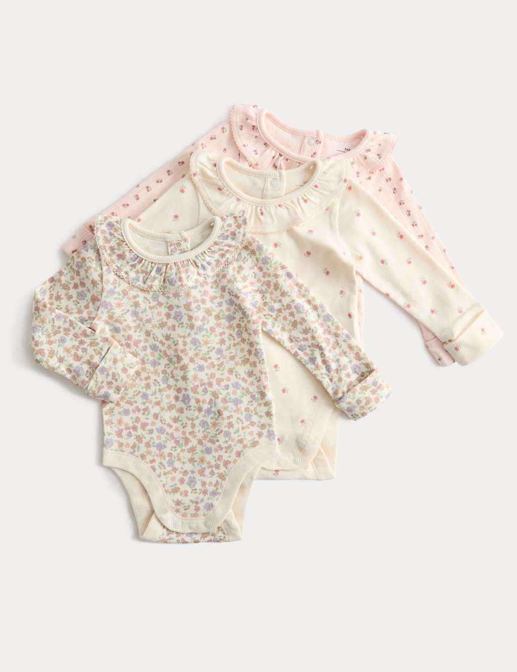 3pk Pure Cotton Floral Long Sleeve Bodysuits (0-3 Yrs) Ivory Mix