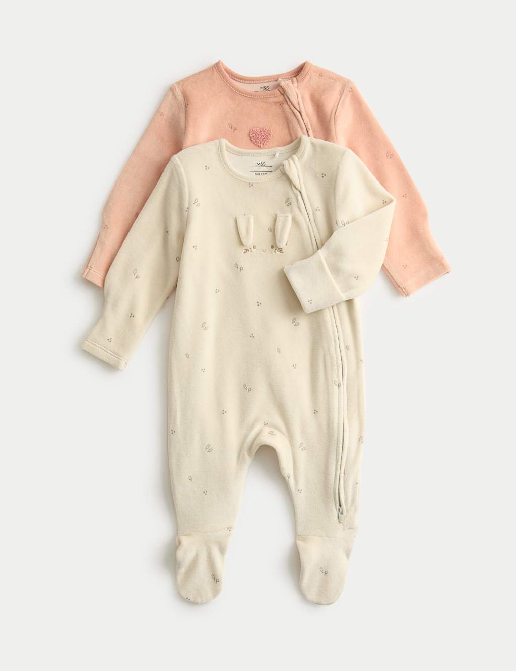 M&S 2 Pack Cotton Rich Velour Bunny Sleepsuits (6lbs-3 Yrs) Blush