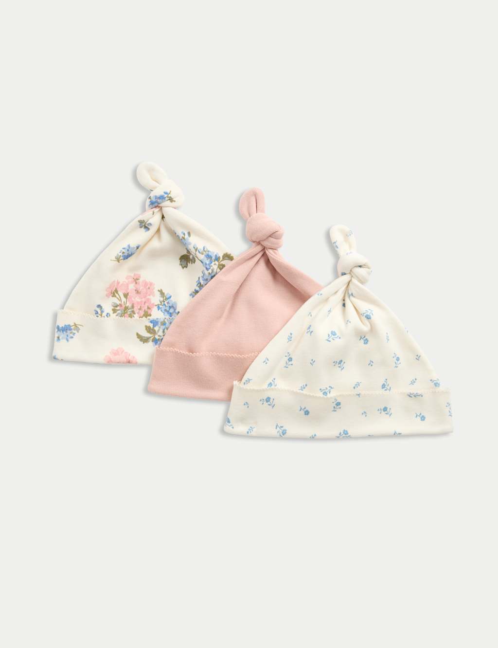 M&S 3pk Pure Cotton Floral Hats (0-12 Mths) Blush