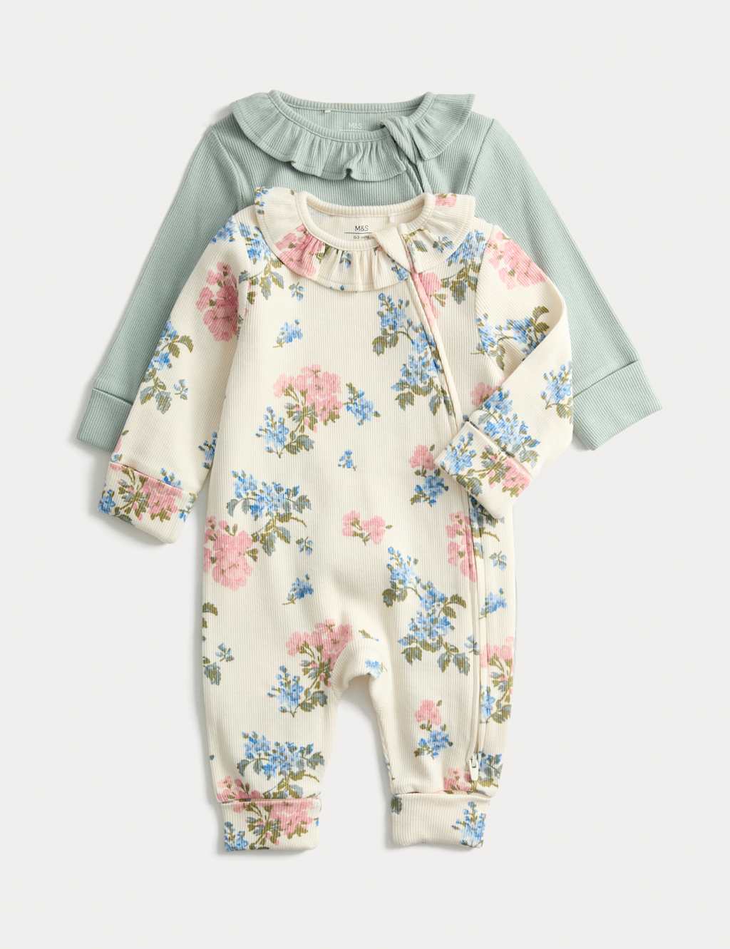 M&S 2 Pack Floral Frill Collar Zip Sleepsuits (0-3 Yrs) Ivory Mix