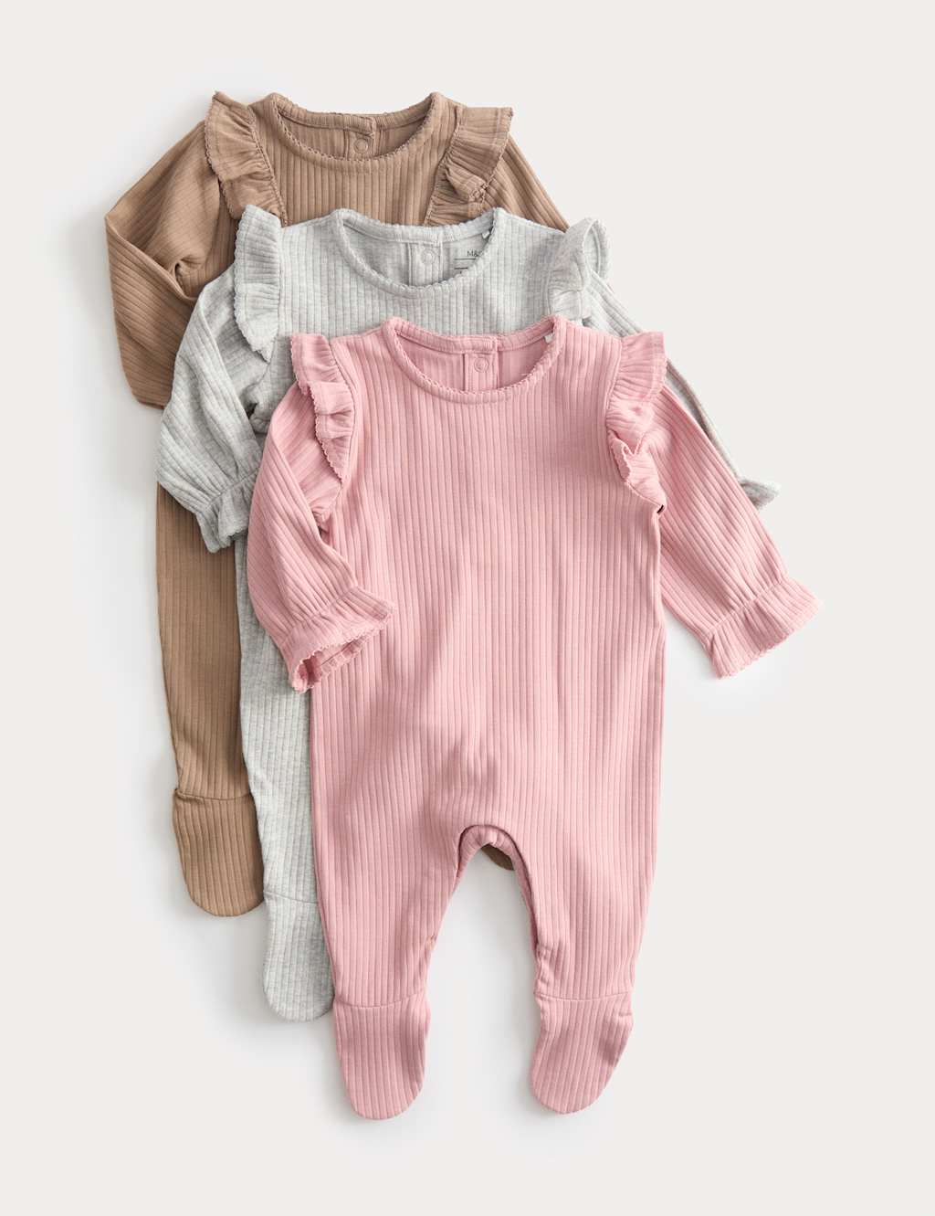 M&S 3pk Cotton Rich Frill Ribbed Sleepsuits (6lbs-3 Yrs) Brown Mix
