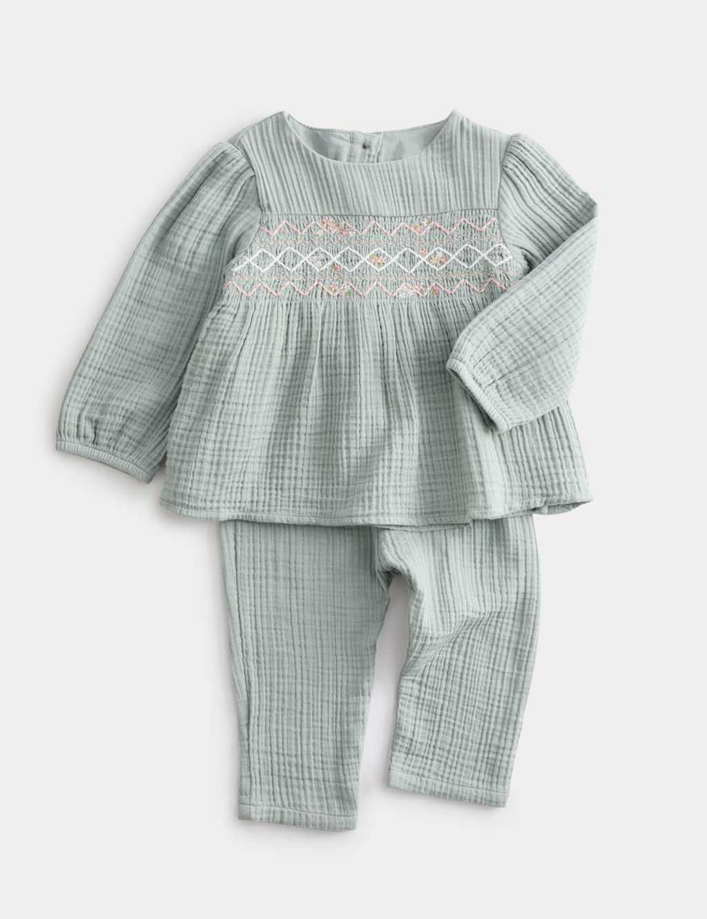 M&S Collection Girls Pure Cotton Smocked Outfit (7lbs-2 Yrs) - 3-6 M - Light Verdigris, Light Verdigris