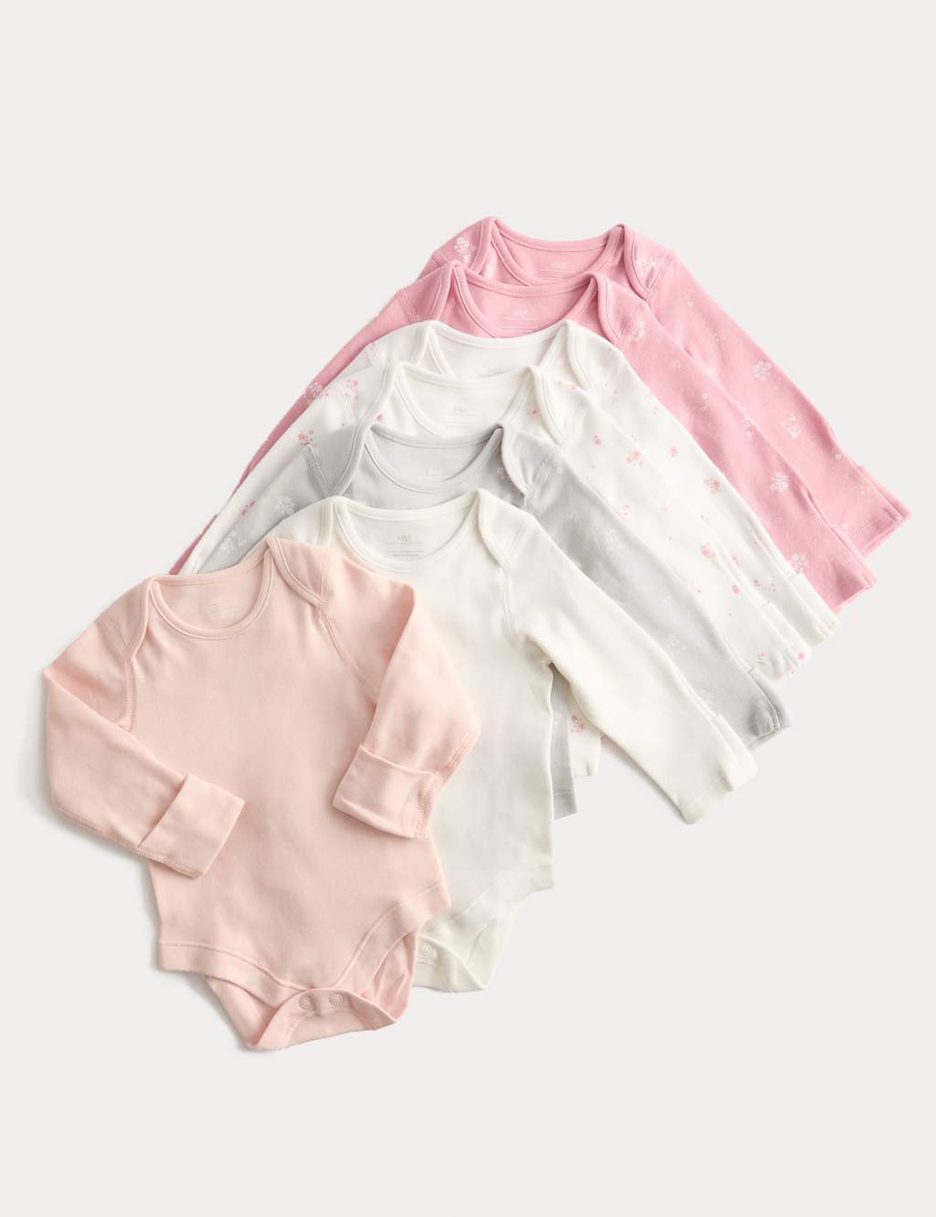 M&S 7pk Pure Cotton Floral Bodysuits (0-3 Yrs) Pink Mix