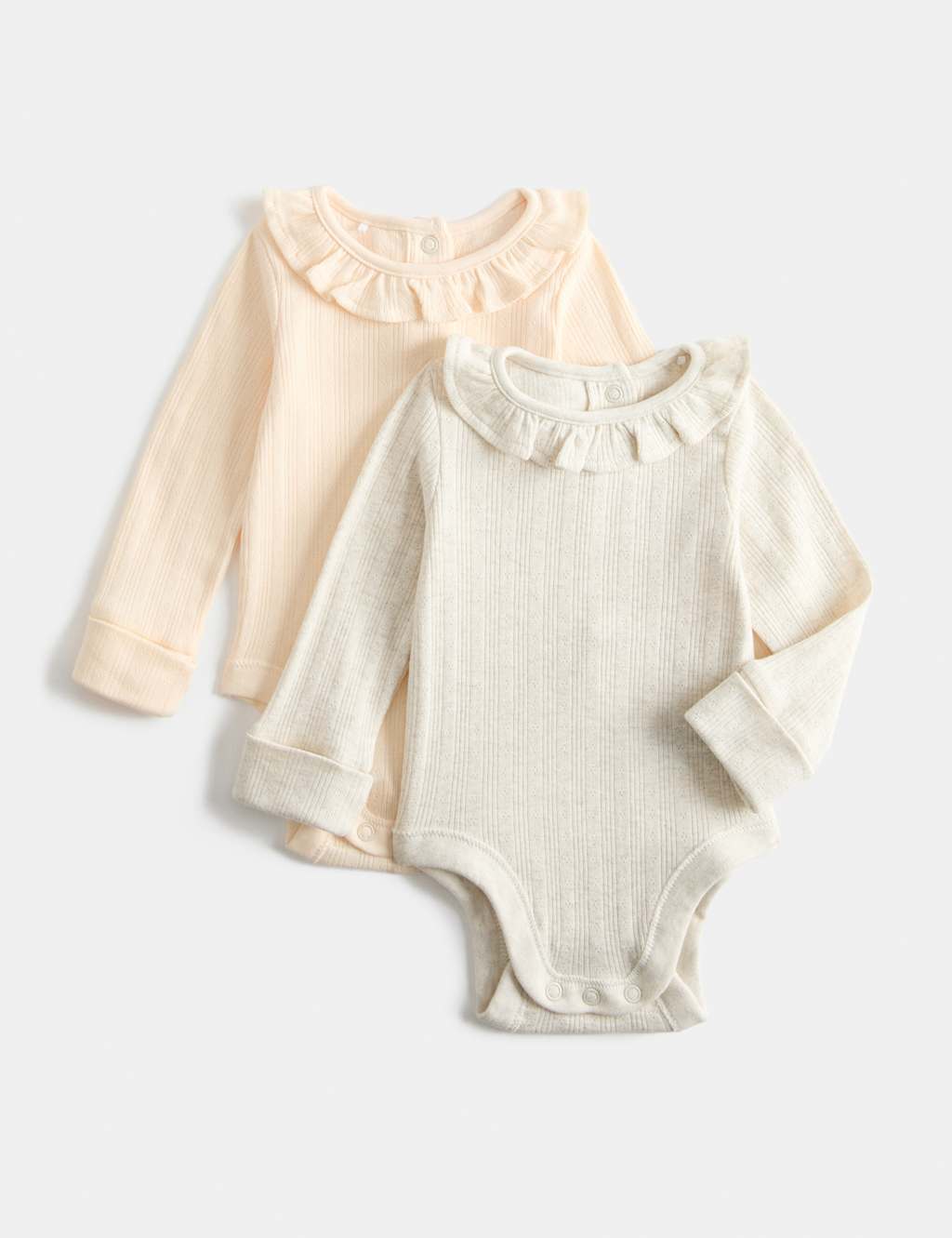 M&S Girls 2 Pack Pure Cotton Frill Long Sleeve Bodysuits (0-3 Yrs) - Tiny - Neutral