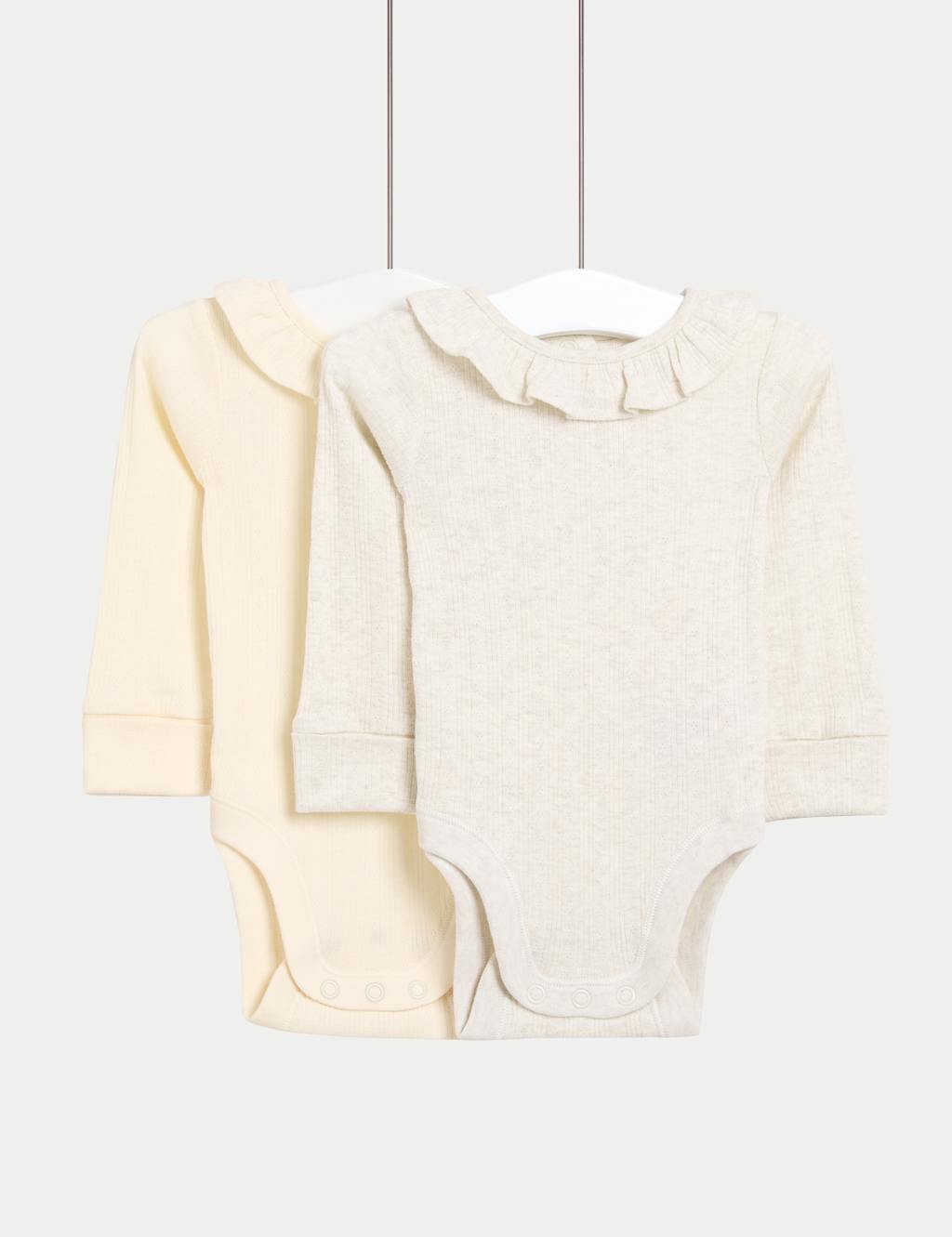 M&S 2 Pack Pure Cotton Frill Long Sleeve Bodysuits (0-3 Yrs) Neutral