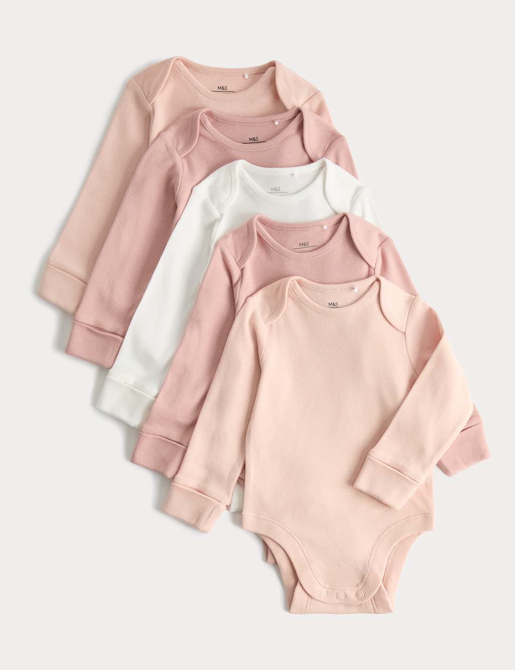 M&S Kids 5 Pack Pure Cotton Plain Long Sleeve Bodysuits (7lbs-3 Yrs) - 2-3 Years - Blush