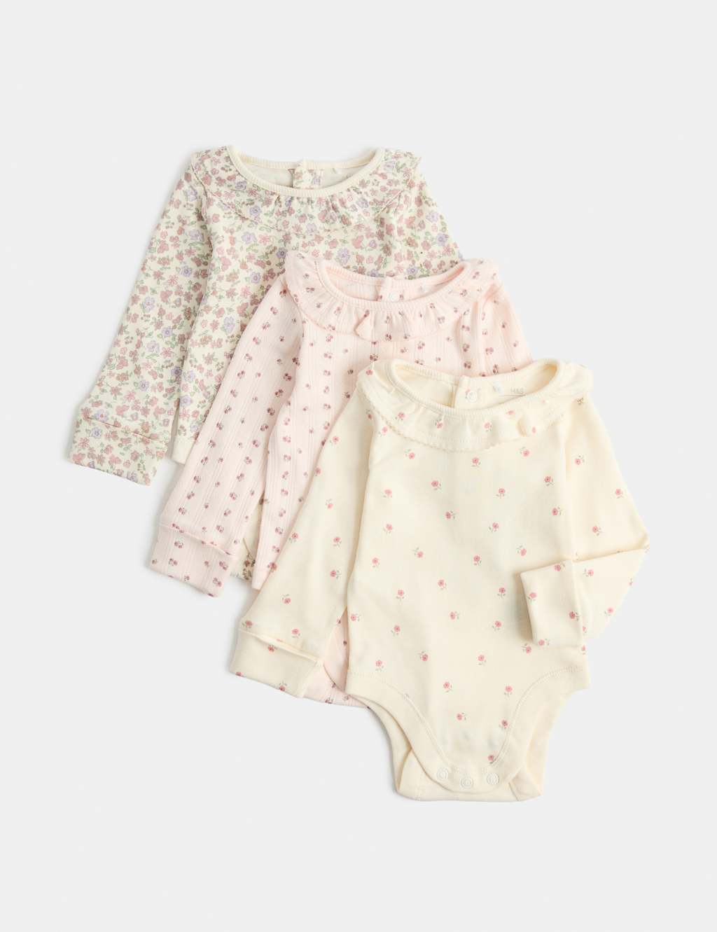 M&S Girls 3 Pack Floral Long Sleeve Bodysuits (7lbs-3 Yrs) - 2-3 Years - Pink Mix