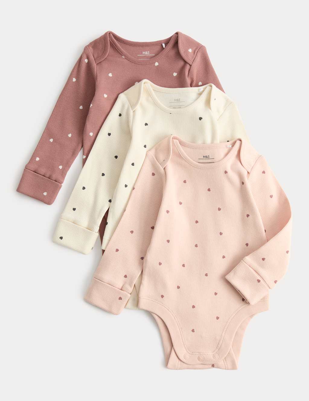 M&S Girls 3 Pack Cotton Rich Heart Long Sleeve Bodysuits (0-3 Yrs) - 0-3 Months - Pink Mix