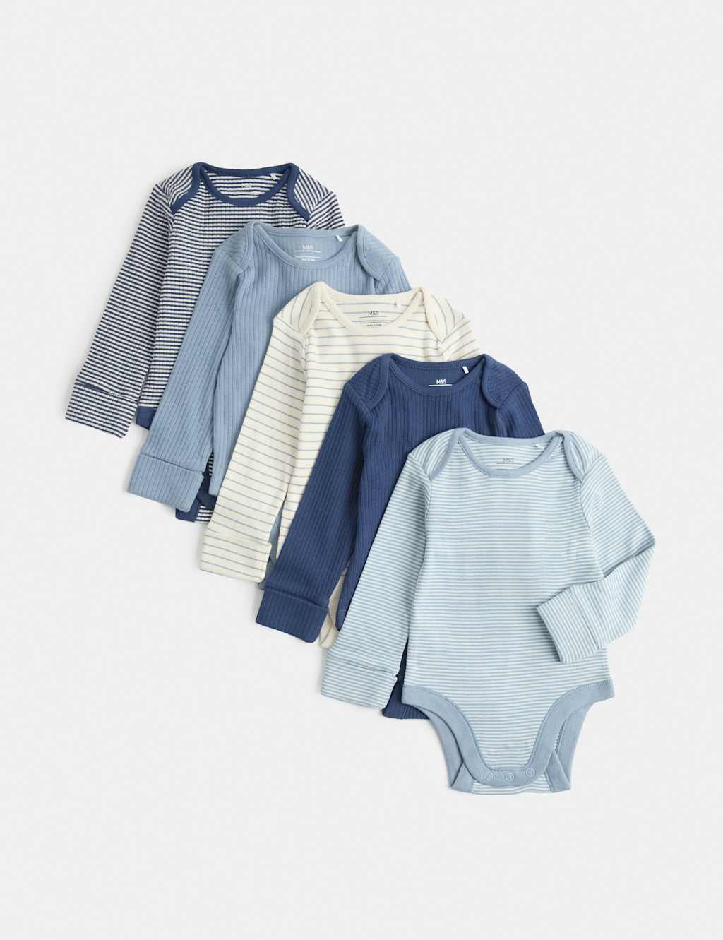M&S Boys 5 Pack Striped Long Sleeve Bodysuits (7lbs-3 Yrs) - 0-3 Months - Blue Mix