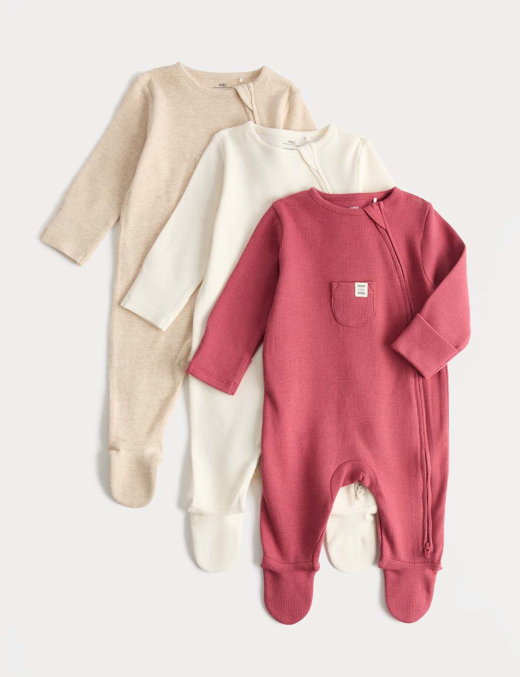 M&S Kids 3 Pack Pure Cotton Waffle Sleepsuits (7lbs-3 Yrs) - Newborn - Berry
