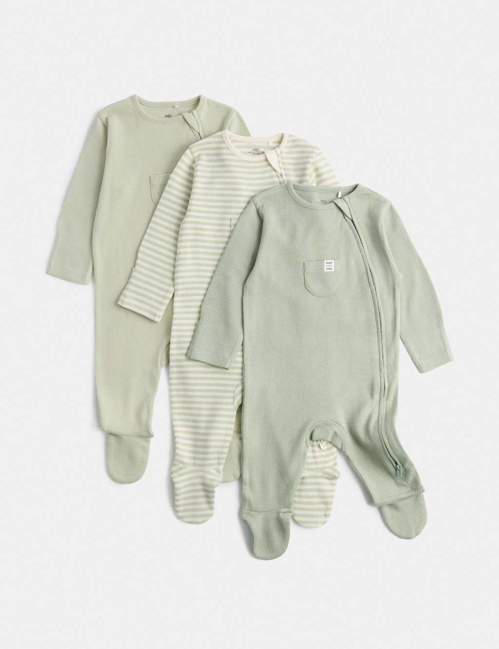 M&S Kids 3 Pack Pure Cotton Waffle Sleepsuits (7lbs-3 Yrs) - 0-3 Months - Light Green