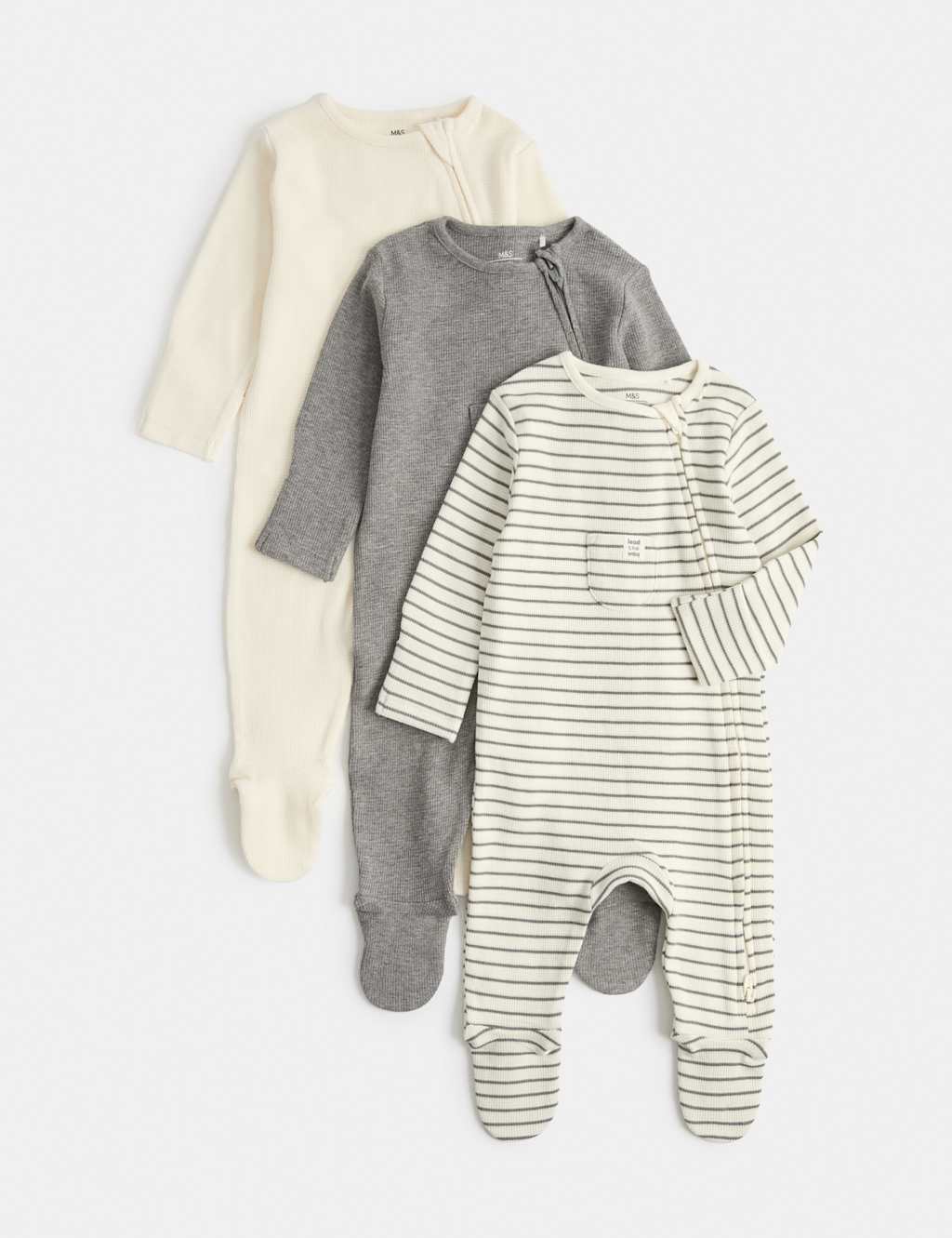 M&S Kids 3 Pack Pure Cotton Waffle Sleepsuits (7lbs-3 Yrs) - 18-24 Months - Grey Mix