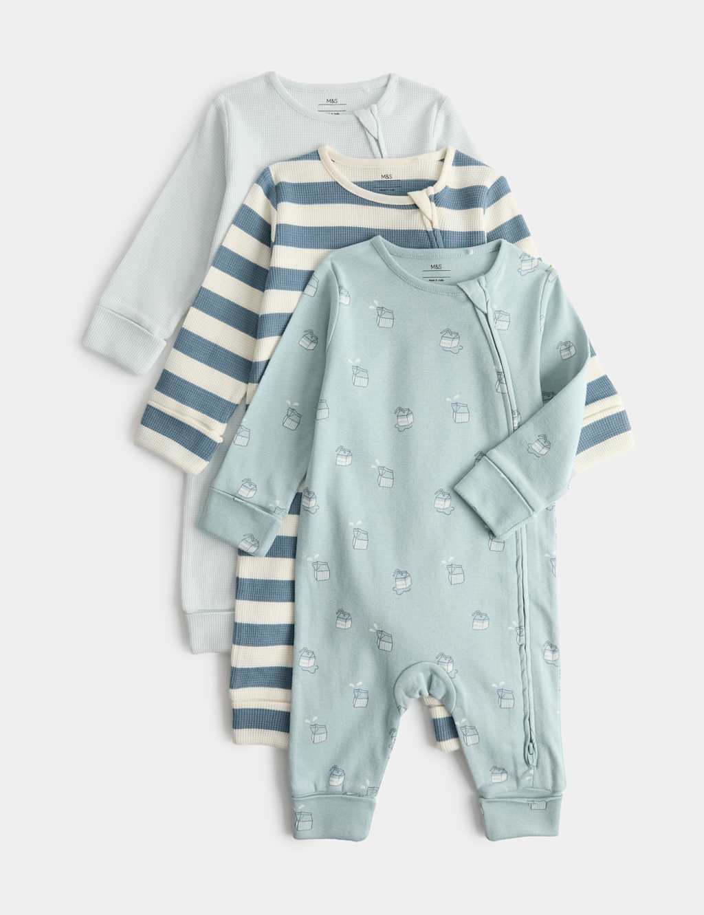 M&S Kids 3 Pack Pure Cotton Milk & Striped Sleepsuits (7lbs-3 Yrs) - 2-3 Years - Aqua Marine