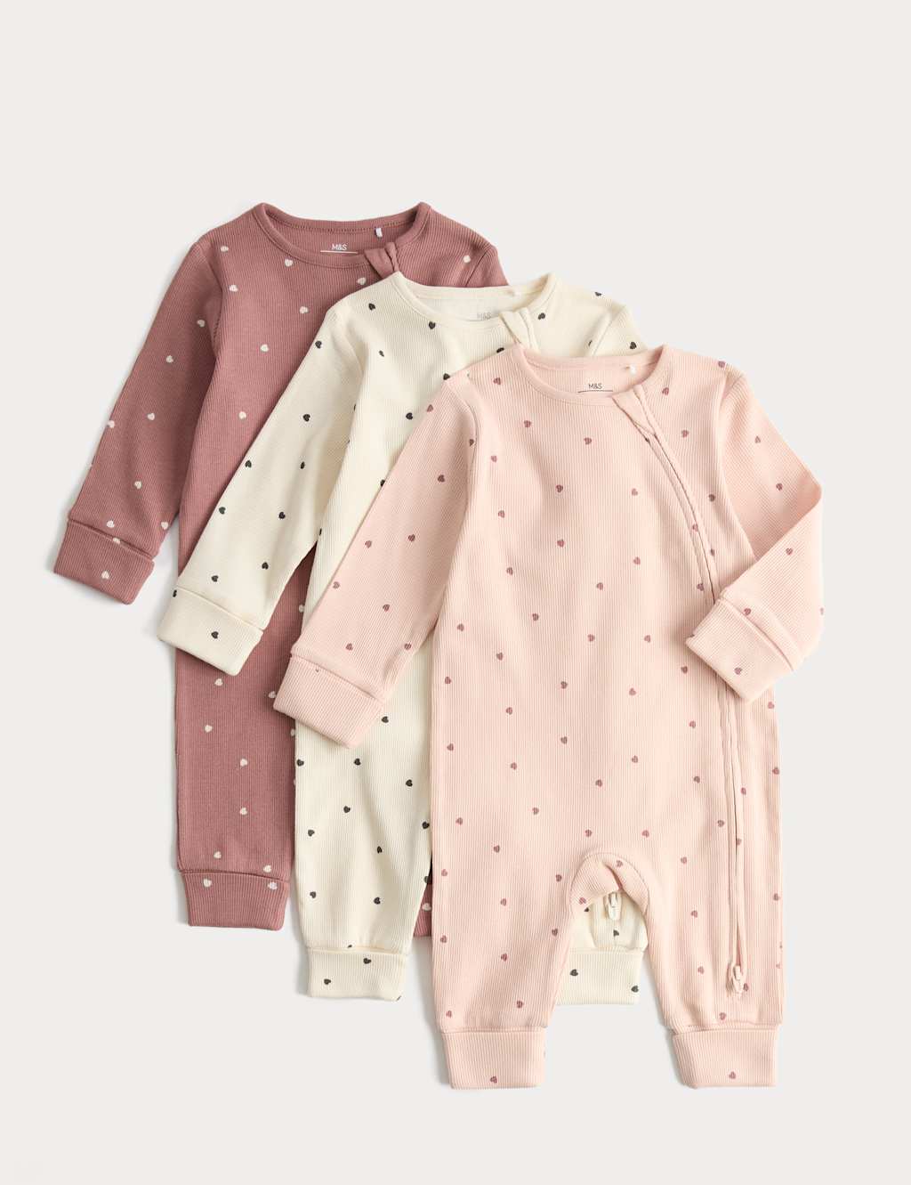 M&S Girls 3 Pack Cotton Rich Heart Sleepsuits (7lbs-3 Yrs) - 2-3 Years - Blush