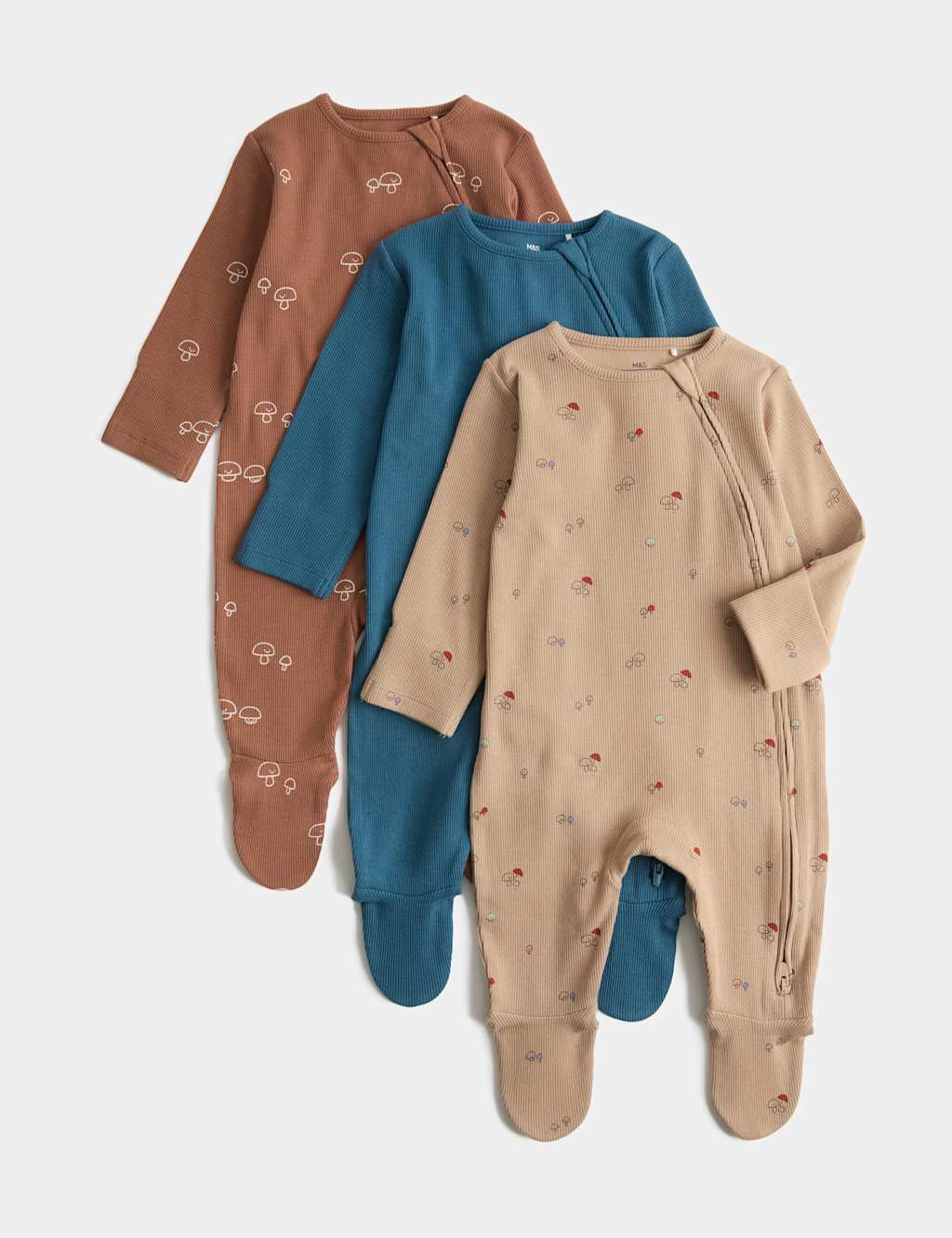 M&S Kids 3 Pack Cotton Rich Mushroom Sleepsuits (0-3 Yrs) - 2-3 Years - Multi