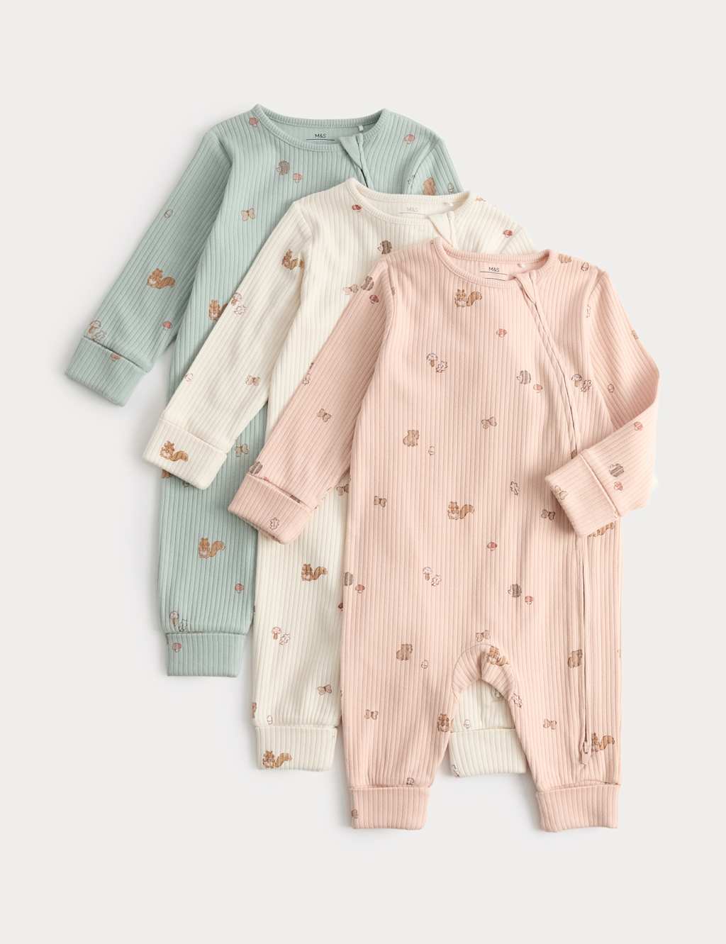 M&S Kids 3 Pack Cotton Rich Woodland Sleepsuits (7lbs-3 Yrs) - 0-3 Months - Multi