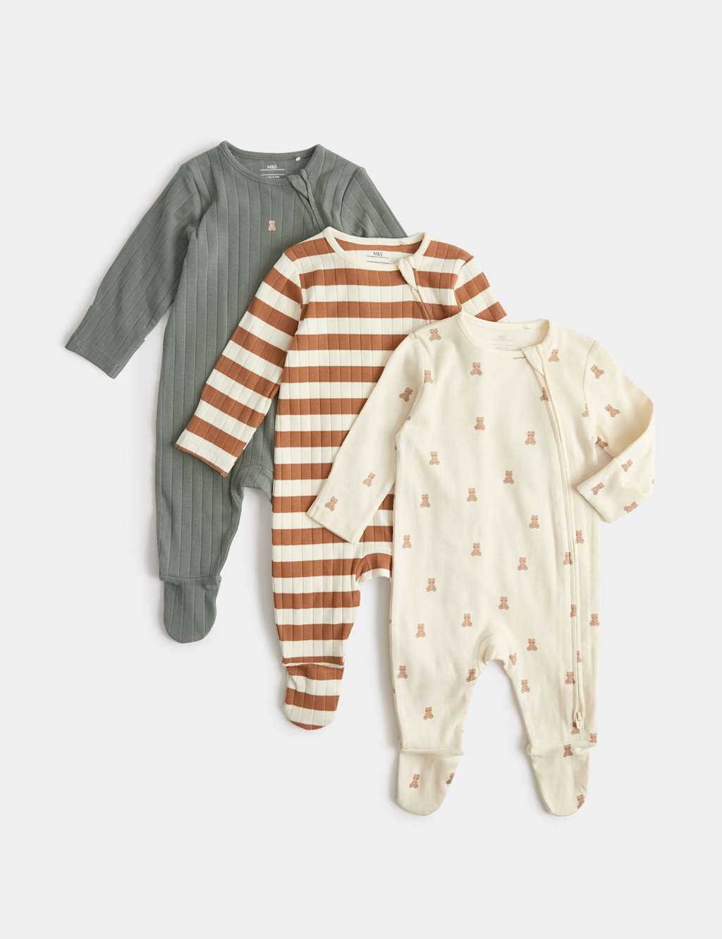M&S Kids 3 Pack Bear Wide Stripe Sleepsuits (7lbs-3 Yrs) - 0-3 Months - Multi