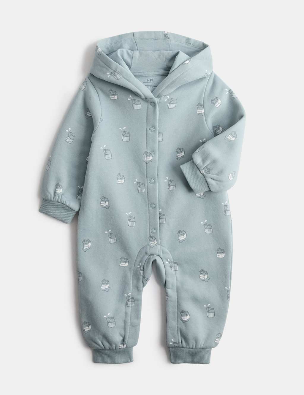 M&S Kids Cotton Rich Milk Hooded All in One (0-3 Yrs) - Newborn - Blue