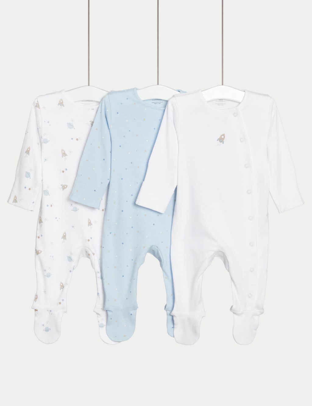 3pk Pure Cotton Rocket & Star Sleepsuits (6½lbs-3 Yrs)