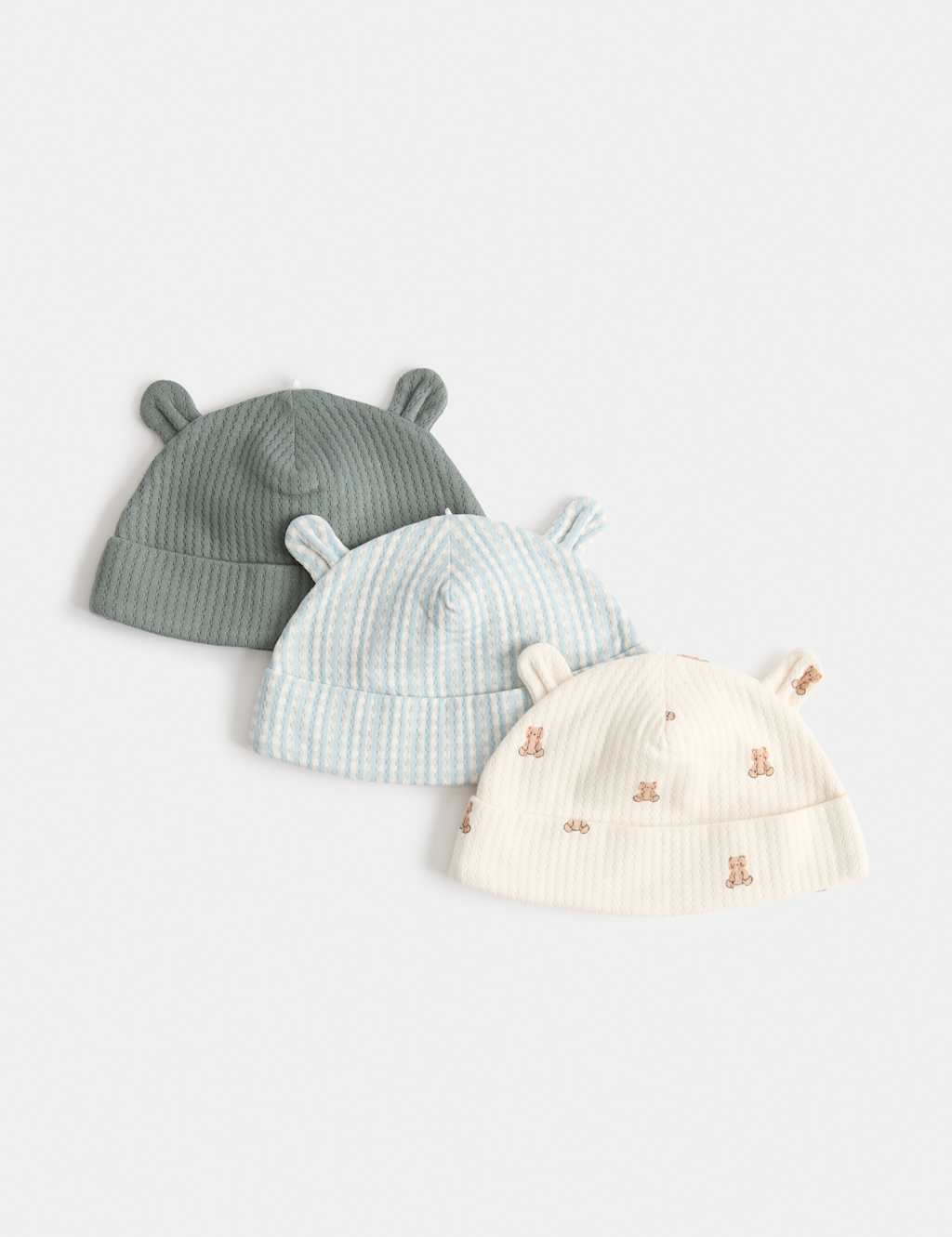 M&S Boys 3 Pack Pure Cotton Hats with Ears (0-1 Yrs) - 6-12 Months - Light Mint