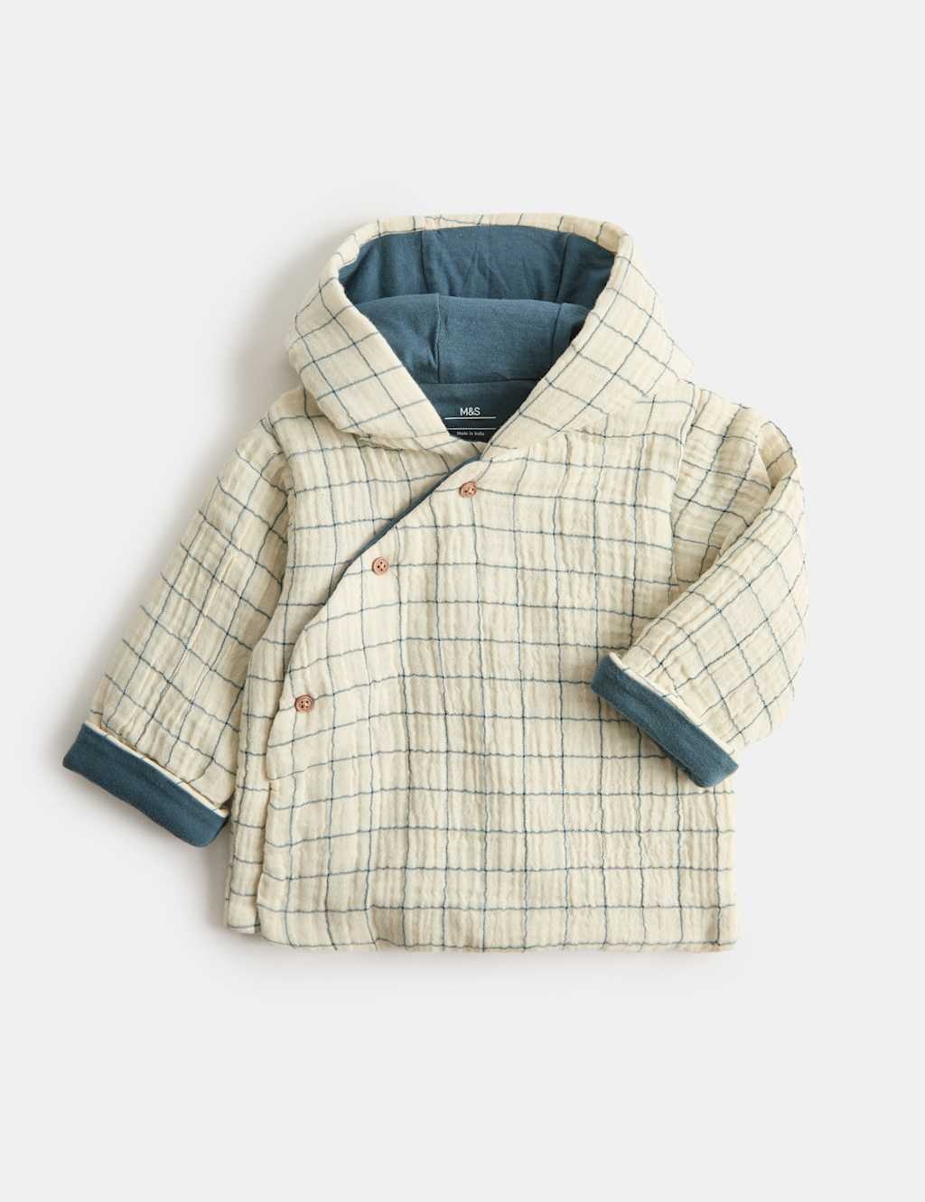 M&S Kids Pure Cotton Check Padded Hooded Jacket (7lbs - 1 Yrs) - 1 Months - Light Cream