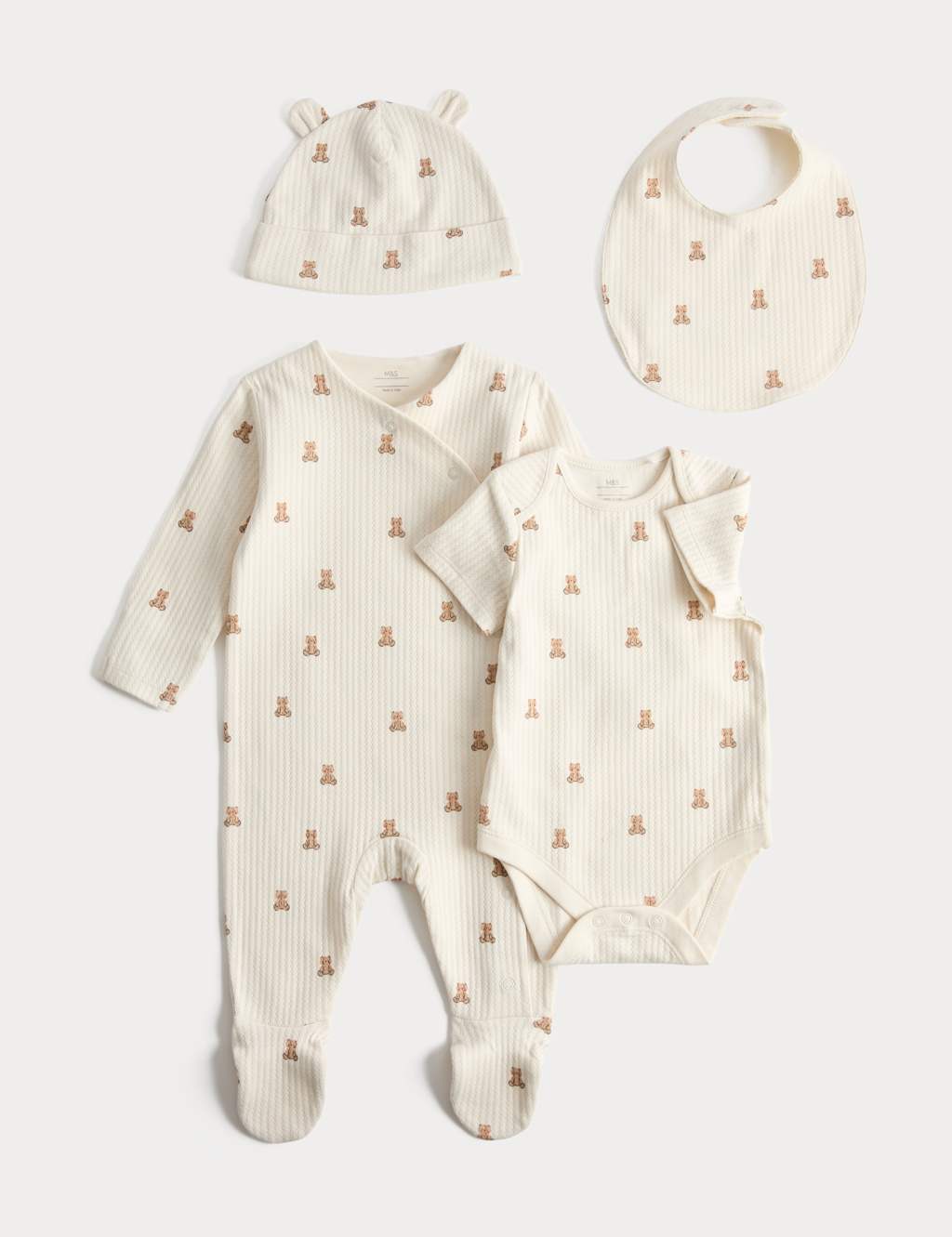 M&S Kids 4 Piece Pure Cotton Bear Starter Set (7lbs-9 Mths) - 1 Months - Light Cream