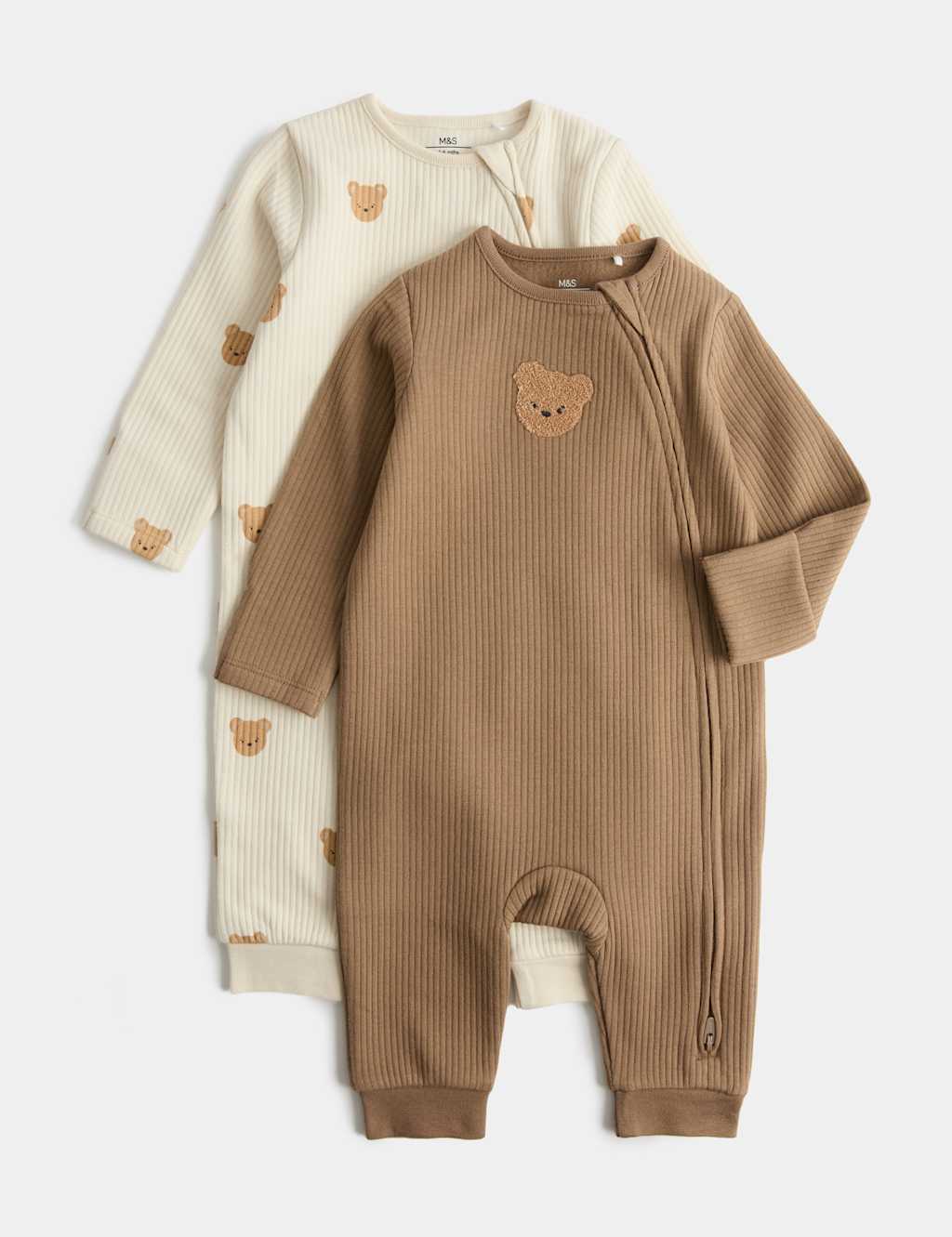 Image of M&S 2 Pack Cotton Blend Bear Sleepsuits (0-3 Yrs) Light Cream