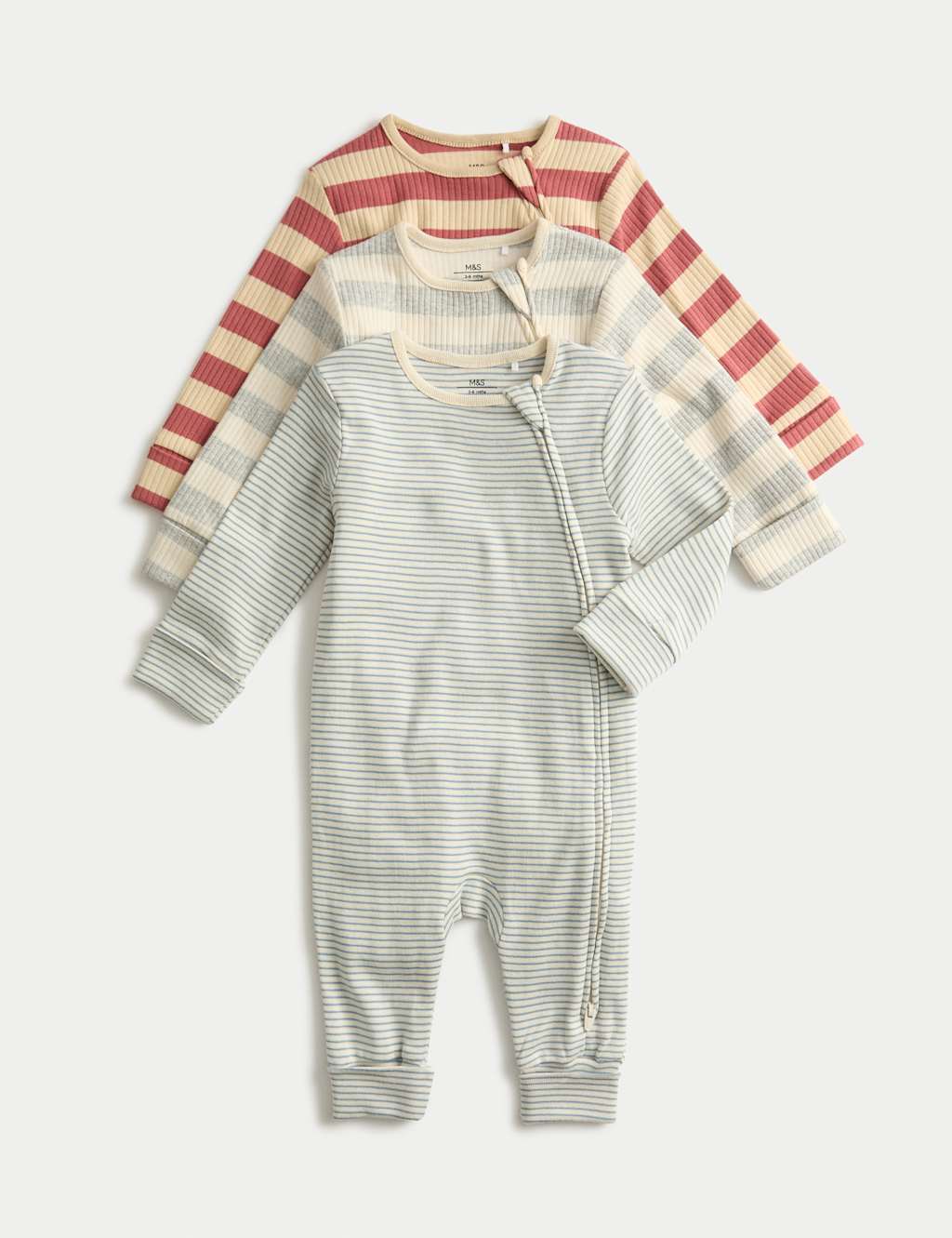M&S 3pk Cotton Rich Stripe Sleepsuits (0-3 Yrs) Red Mix