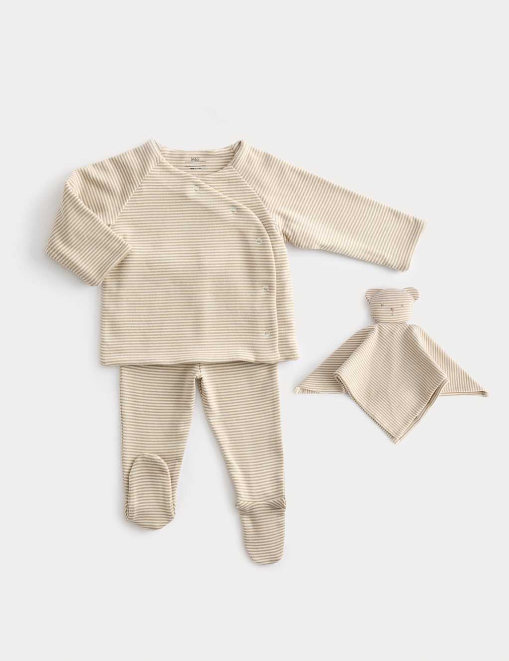 M&S Collection Boys 3pc Cotton Rich Striped Outfit (0-9 Mths) - 9-12M - Sand, Sand