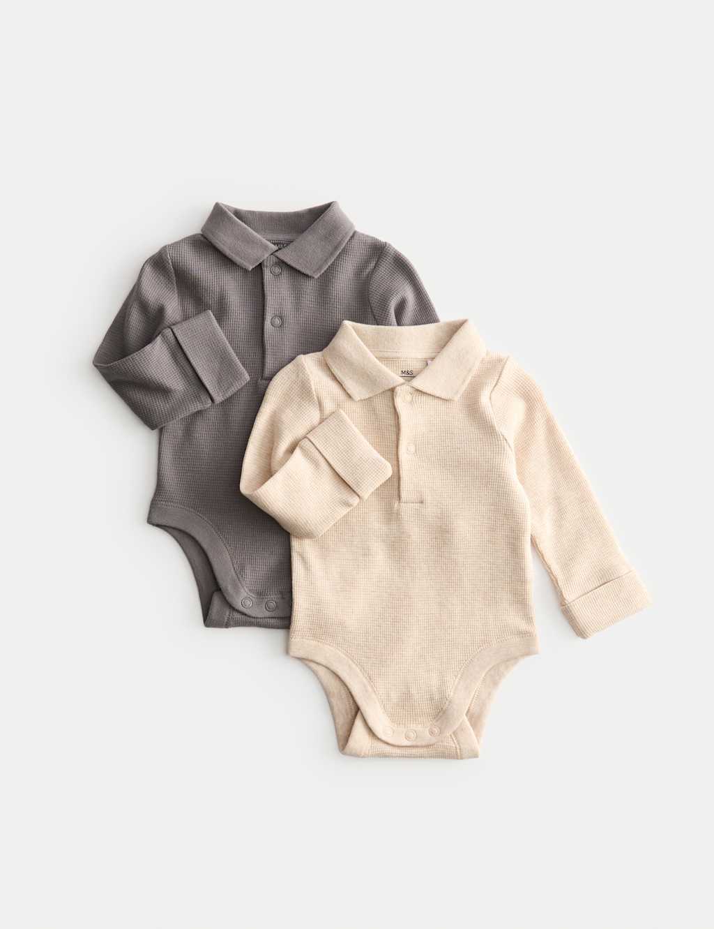 M&S Collection Boys 2 Pack Pure Cotton Long Sleeve Polo Bodysuits (0-3Yrs) - 12-18 - Neutral, Blue,Neutral