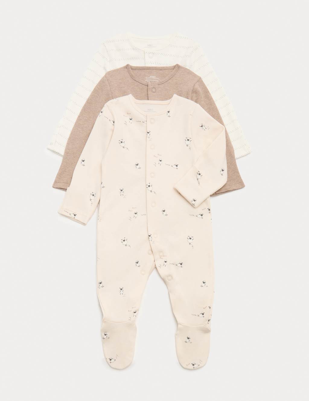 M&S Kids 3 Pack Pure Cotton Sleepsuits (Early - 3 Years) - 3-6 Months - Wheat