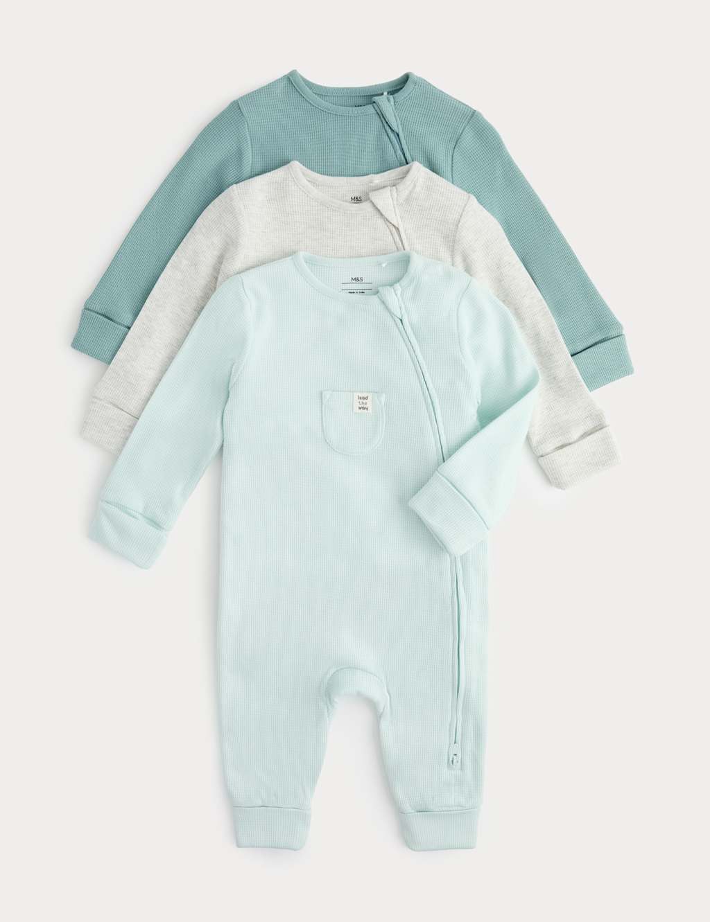 M&S Kids 3 Pack Pure Cotton Waffle Sleepsuits (6lbs 3oz-3 Yrs) - Tiny - Aqua