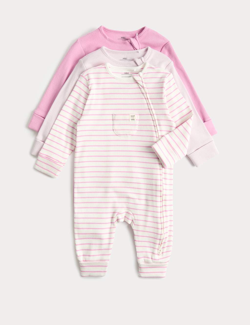 M&S Girls 3 Pack Cotton Rich Sleepsuits (6 ½lbs-3 Yrs) - Tiny - Magenta