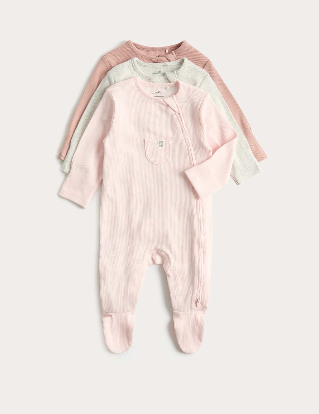 M&S Girls 3 Pack Cotton Rich Sleepsuits (6 ½lbs-3 Yrs) - Tiny - Pink